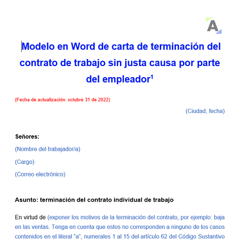 Modelo en Word de carta de terminación del contrato de trabajo sin justa causa por parte del empleador