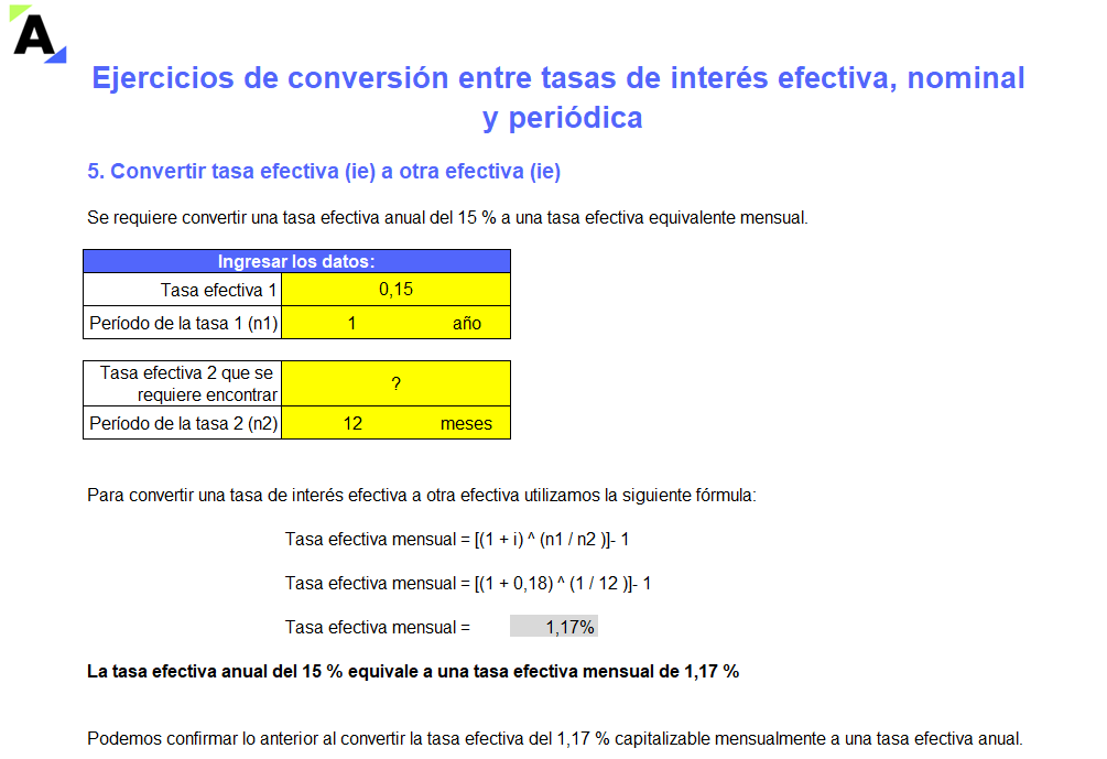 Ejercicios de conversión entre tasas de interés efectiva, nominal y periódica