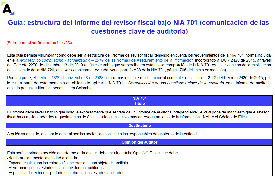Guía: estructura del informe del revisor fiscal bajo NIA 701 (comunicación de las cuestiones clave de auditoría)