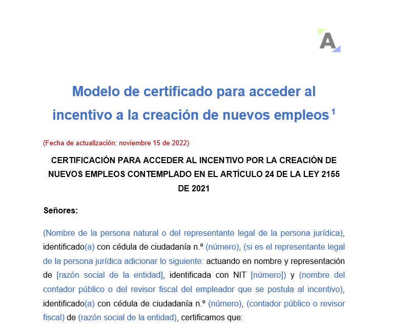 Modelo de certificado para acceder al incentivo a la creación de nuevos empleos