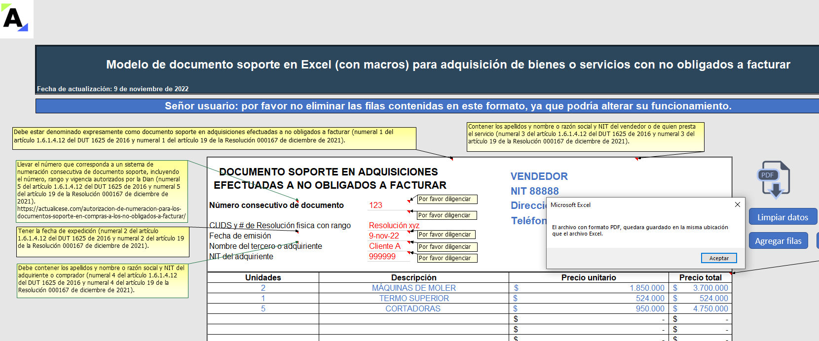 Modelo en Excel (con macros) del documento soporte para operaciones con no obligados a facturar