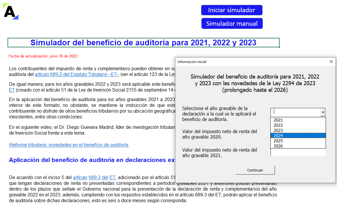 Simulador del beneficio de auditoría para 2021, 2022 y 2023