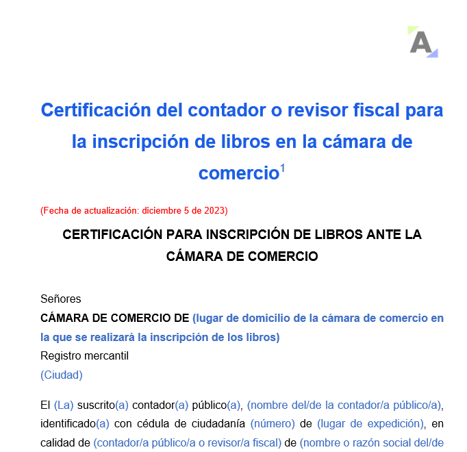 Certificación del contador o revisor fiscal para la inscripción de libros en la Cámara de Comercio
