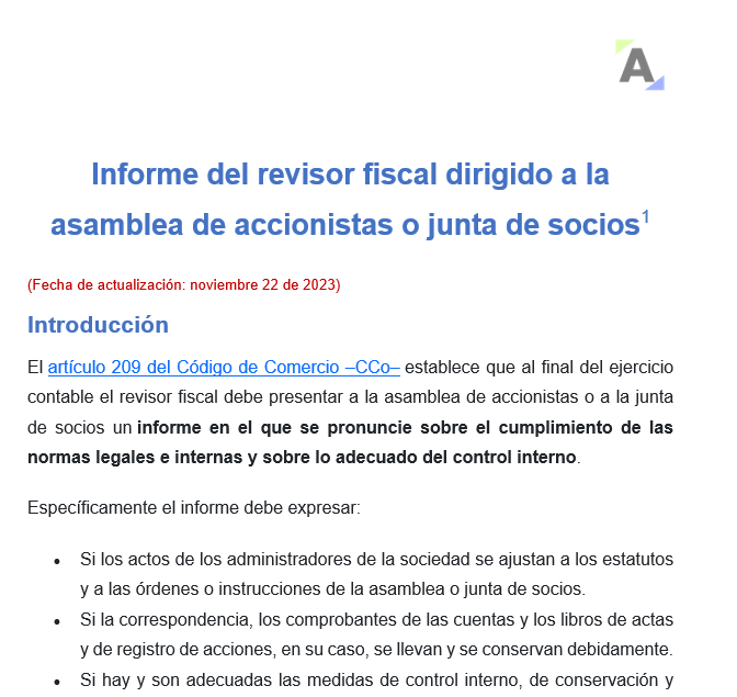 Informe del revisor fiscal dirigido a la asamblea de accionistas o junta de socios