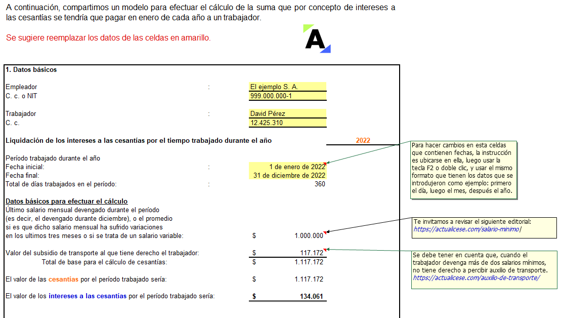 Modelo en Excel para el cálculo de intereses a las cesantías
