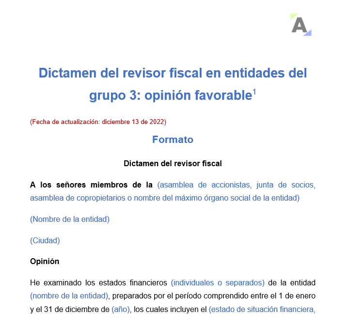 Dictamen del revisor fiscal en entidades del grupo 3 (opinión favorable)