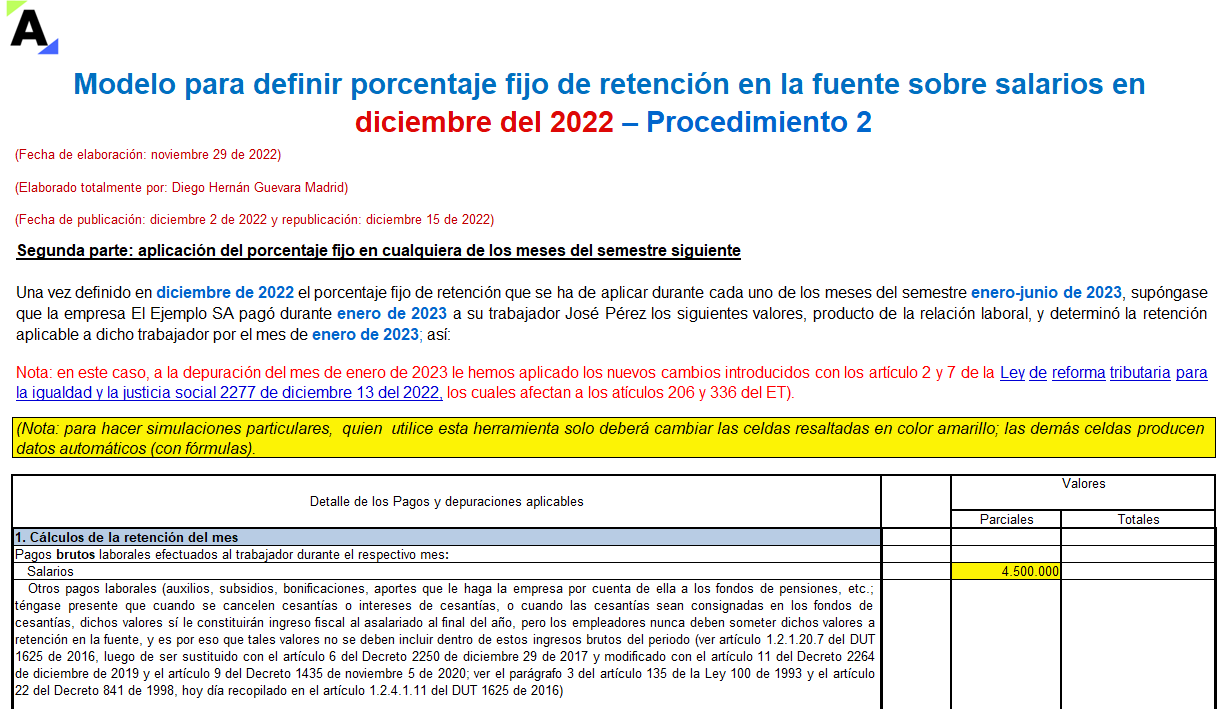Liquidador en Excel del porcentaje fijo de retención en la fuente sobre salarios en diciembre de 2022 – Procedimiento 2