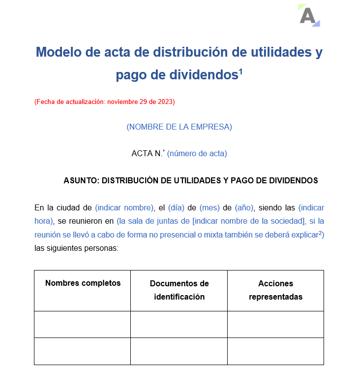 Modelo de acta de distribución de utilidades y pago de dividendos