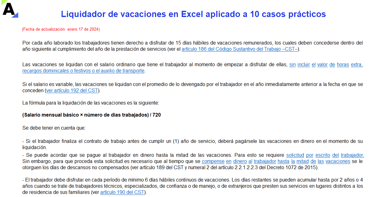 Liquidador de vacaciones en Excel aplicado a 10 casos prácticos