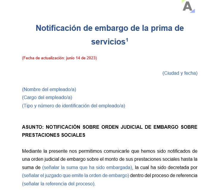 Notificación de embargo de la prima de servicios