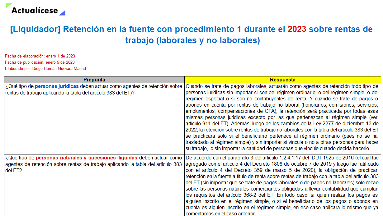 Liquidador de retención en la fuente con procedimiento 1 durante 2023 sobre rentas de trabajo (laborales y no laborales)