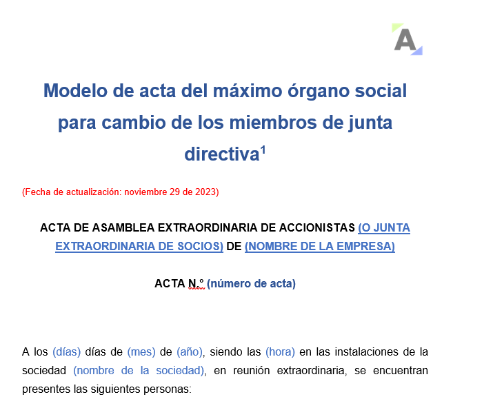 Modelo de acta del máximo órgano social para cambio de los miembros de junta directiva