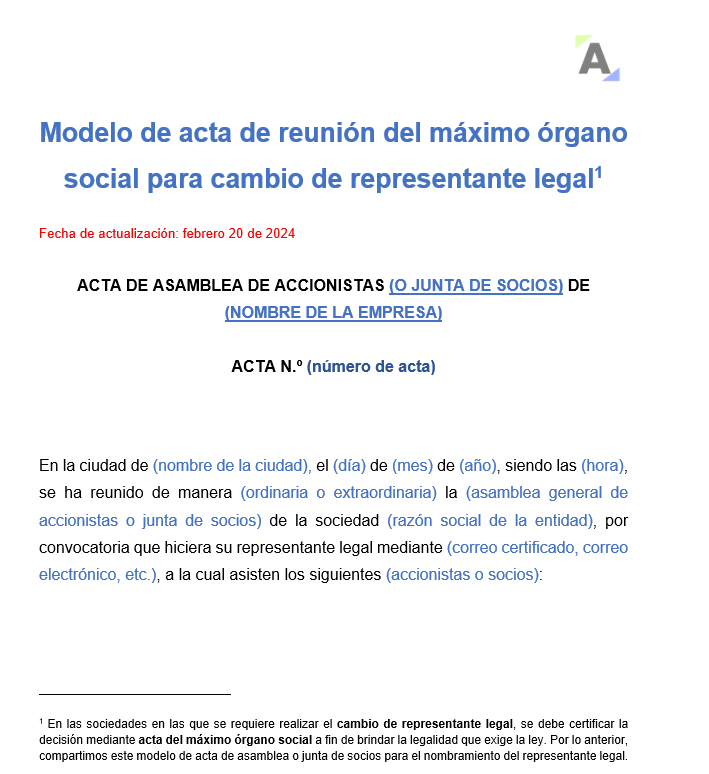 Modelo de acta de reunión del máximo órgano social para cambio de representante legal