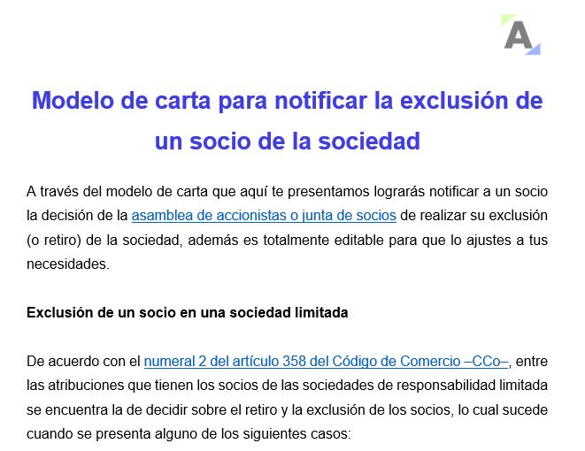 Modelo de carta para notificar la exclusión de un socio de la sociedad