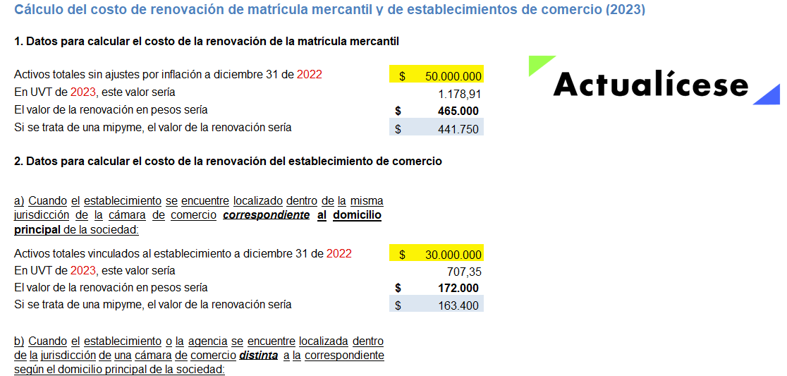 Liquidador del costo de renovación de matrícula mercantil y de establecimientos de comercio (2023)