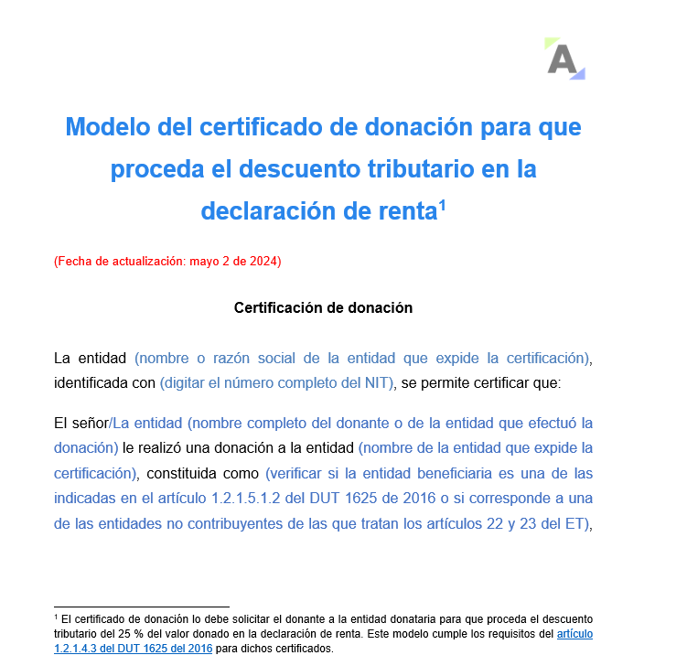 Modelo del certificado de donación para que proceda el descuento tributario en la declaración de renta
