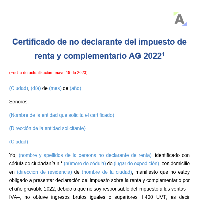 Modelo de certificado de no declarante del impuesto de renta y complementario AG 2022