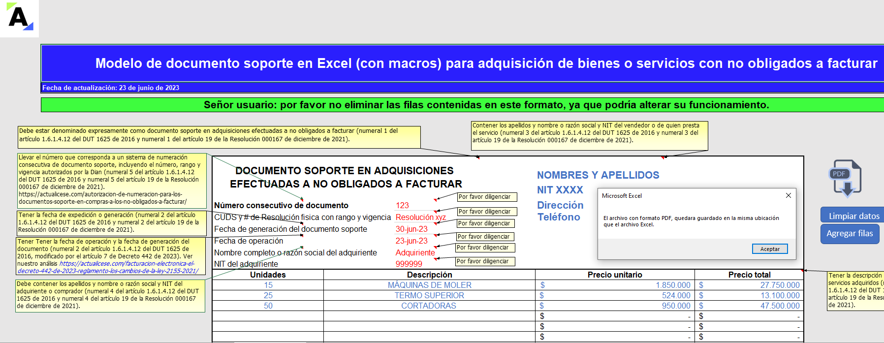 Modelo en Excel (con macros) del documento soporte para operaciones con no obligados a facturar