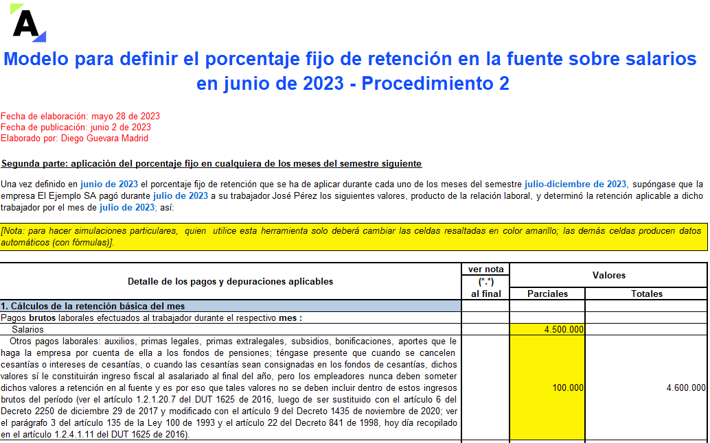 Liquidador en Excel del porcentaje fijo de retención en la fuente sobre salarios en junio de 2023 – Procedimiento 2