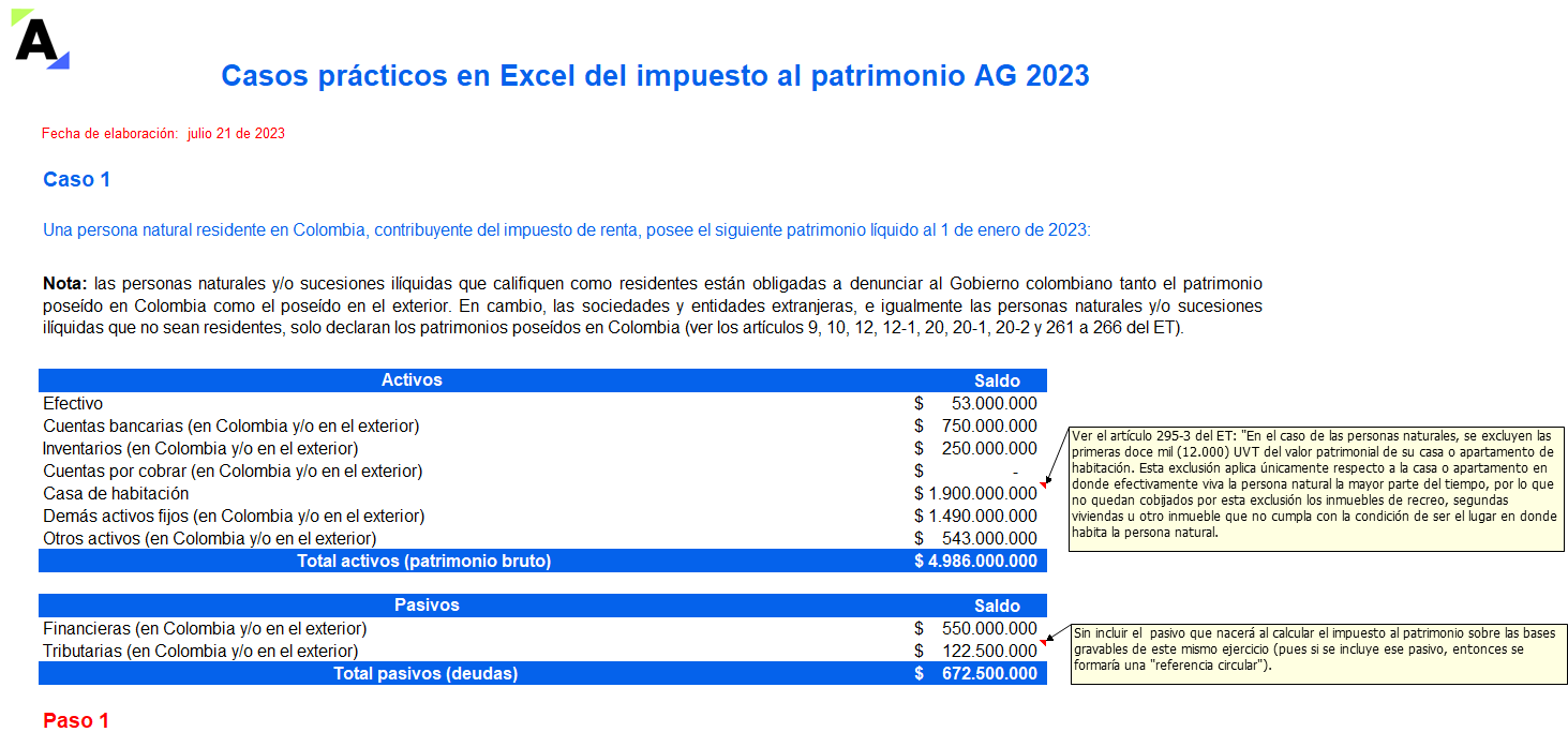Casos prácticos en Excel del impuesto al patrimonio AG 2023