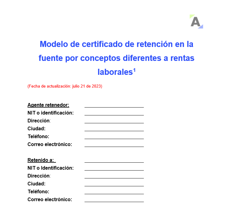 Modelo de certificado de retención en la fuente por conceptos diferentes a rentas laborales