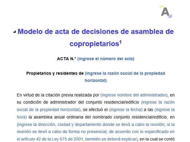 Modelo de acta de decisiones de asamblea de copropietarios