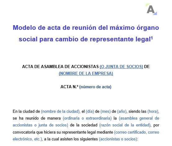 Modelo de acta de reunión del máximo órgano social para cambio de representante legal