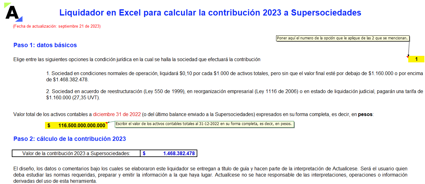 Liquidador en Excel para calcular la contribución 2023 a Supersociedades
