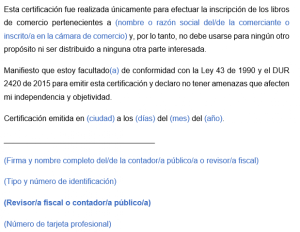 Certificación Del Contador O Revisor Fiscal Para La Inscripción De