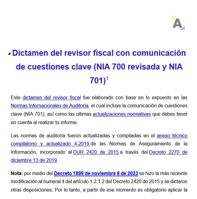 Dictamen del revisor fiscal con comunicación de cuestiones clave (NIA 700 revisada y NIA 701)