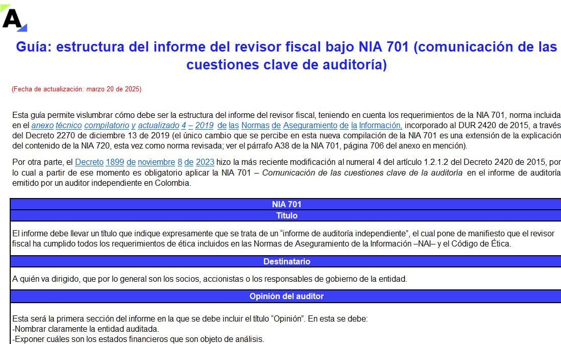 Guía: estructura del informe del revisor fiscal bajo NIA 701 (comunicación de las cuestiones clave de auditoría)