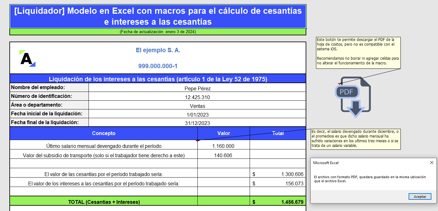 Modelo en Excel para el cálculo de cesantías e intereses a las cesantías