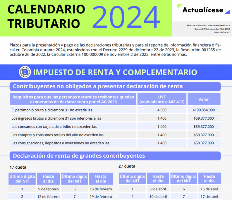 Calendario tributario 2024 (versión descargable) Actualícese