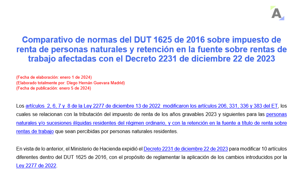 Comparativo de normas del DUT 1625 de 2016 afectadas con el Decreto 2231 de 2023
