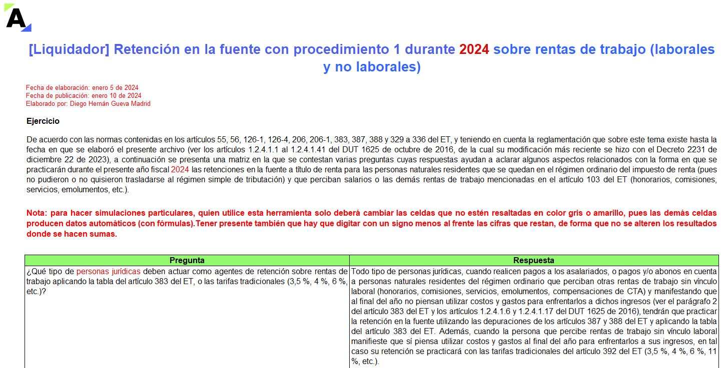Liquidador en Excel de retención en la fuente con procedimiento 1 durante 2024 sobre rentas de trabajo (laborales y no laborales)