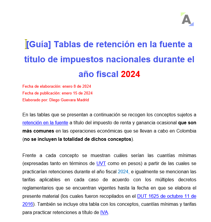 Tablas de retención en la fuente a título de impuestos nacionales durante el año fiscal 2024
