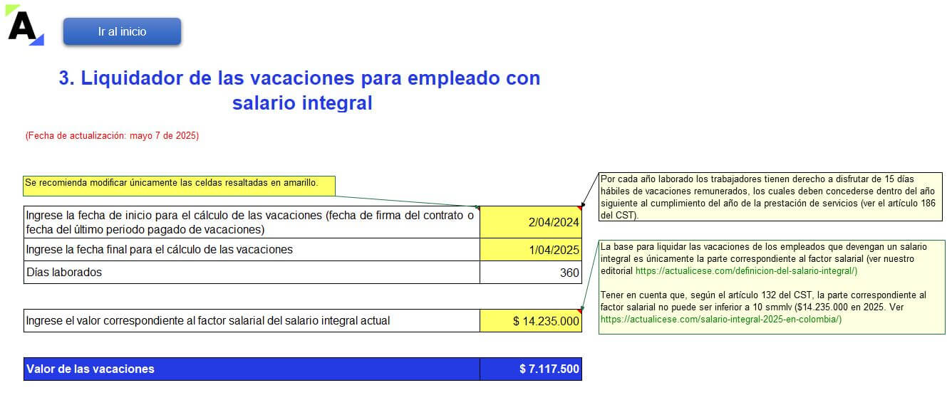 Liquidador de vacaciones en Excel aplicado a 10 casos prácticos