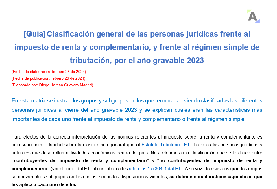 [Guía] Clasificación de las personas jurídicas frente al impuesto de renta y el SIMPLE AG 2023