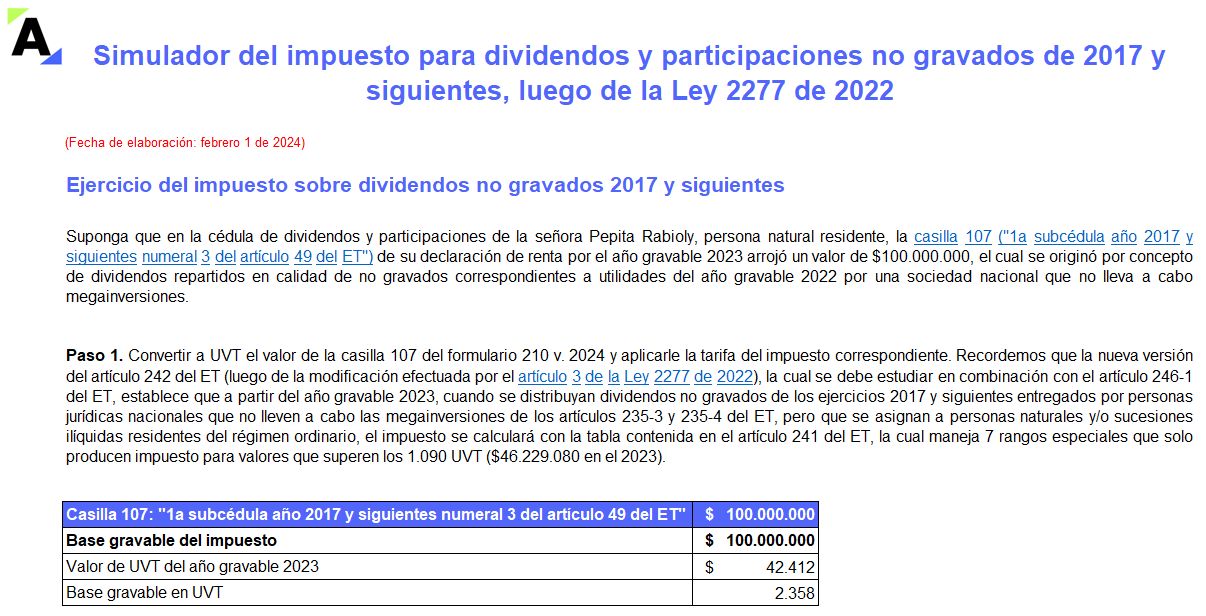 Simulador del impuesto para dividendos y participaciones no gravados de 2017 y siguientes luego de la Ley 2277 de 2022
