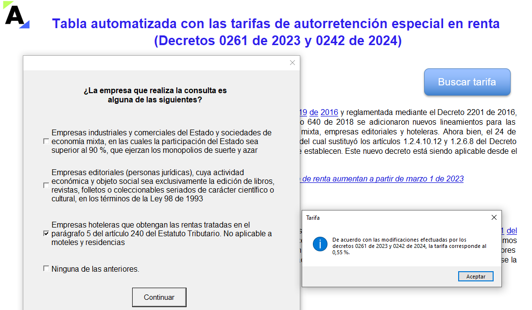 Tabla automatizada con las tarifas de autorretención especial en renta (Decretos 0261 de 2023 y 0242 de 2024)