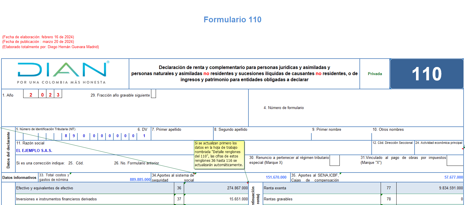 Liquidador en Excel del formulario 110 y el formato 2516: declaración de renta de personas jurídicas AG 2023