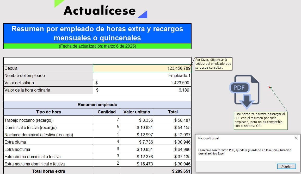 Formato de cálculo de horas extra y recargos mensuales o quincenales