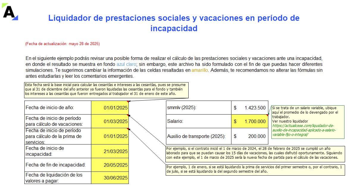 Liquidador de prestaciones sociales y vacaciones en período de incapacidad