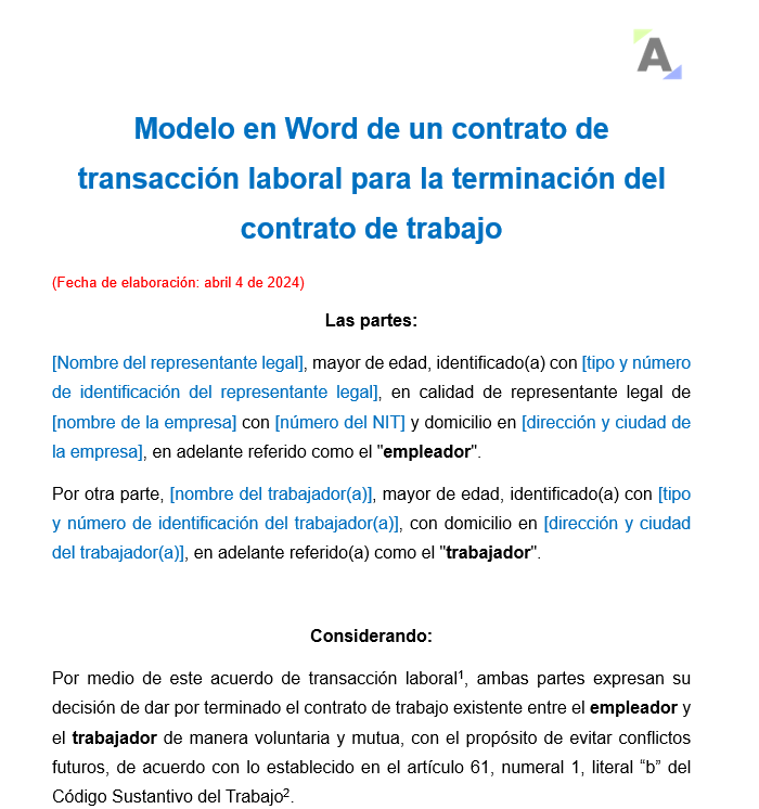 Modelo en Word de un contrato de transacción laboral para la terminación del contrato de trabajo