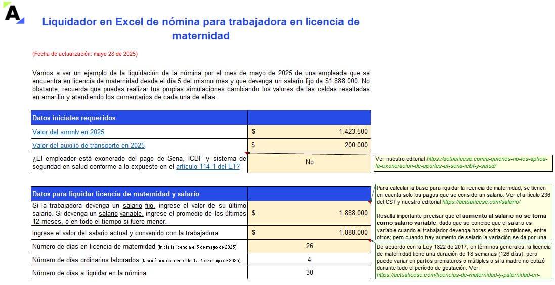 Liquidador en Excel de nómina para trabajadora en licencia de maternidad
