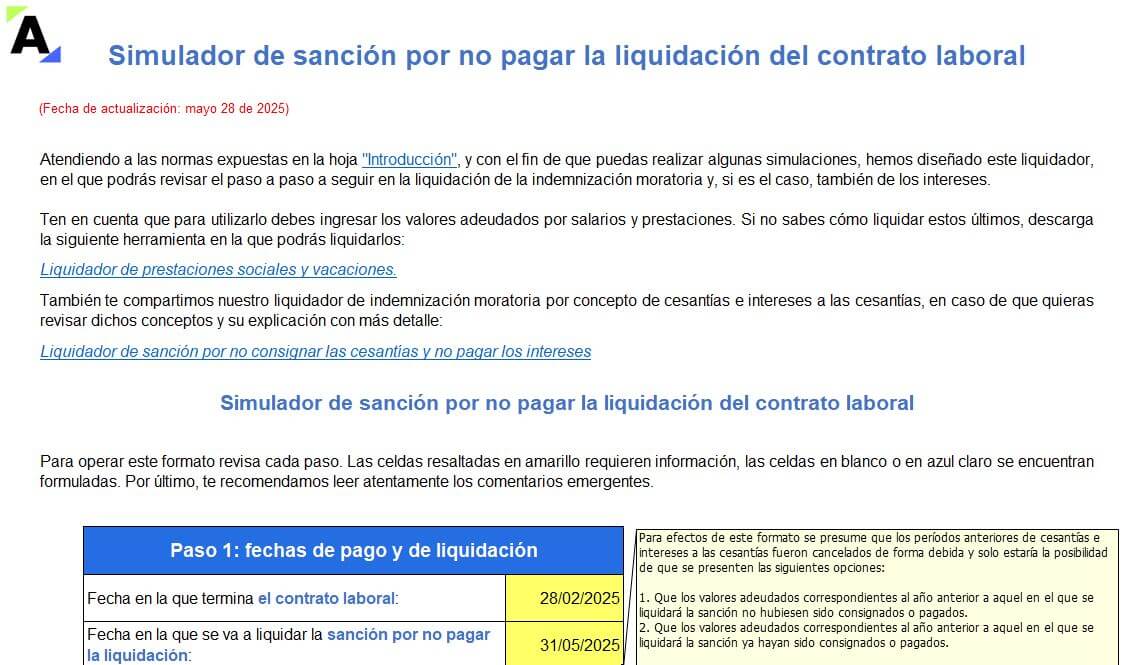 Simulador de sanción por no pagar la liquidación del contrato laboral
