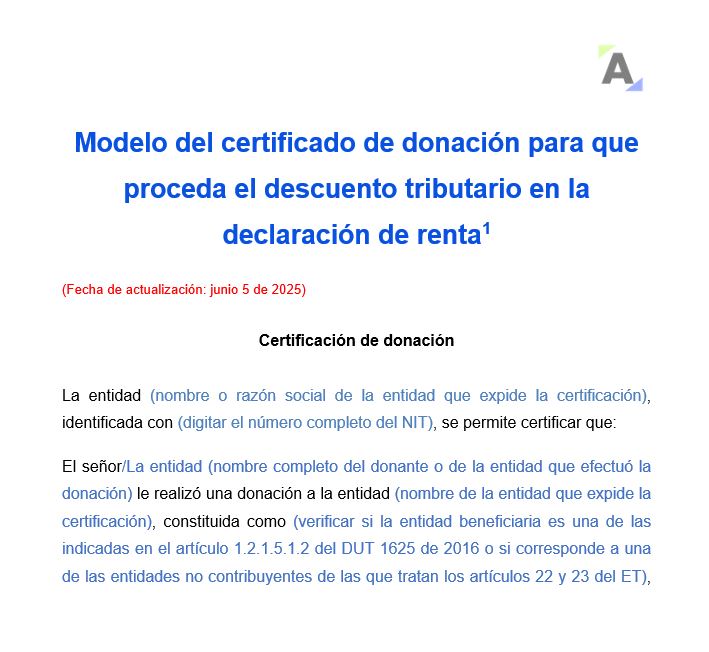 Modelo del certificado de donación para que proceda el descuento tributario en la declaración de renta