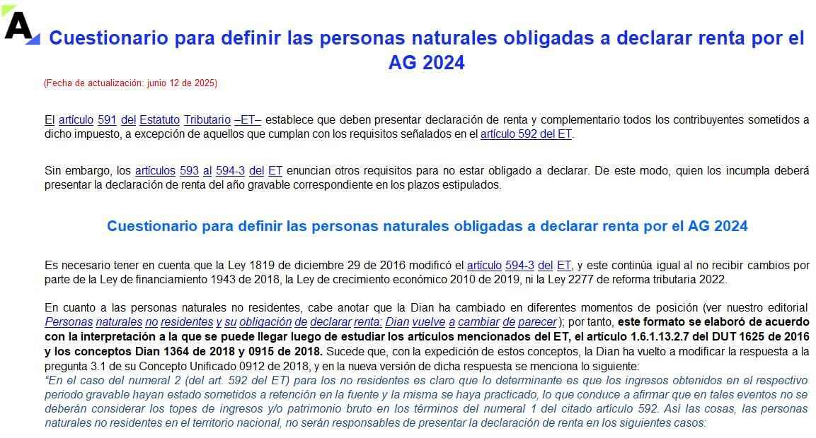 Cuestionario para definir si una persona natural está obligada a presentar declaración de renta