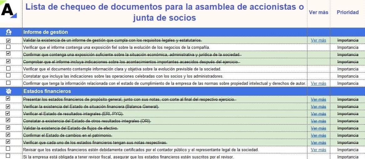 Lista de chequeo de documentos para la asamblea de accionistas o junta de socios