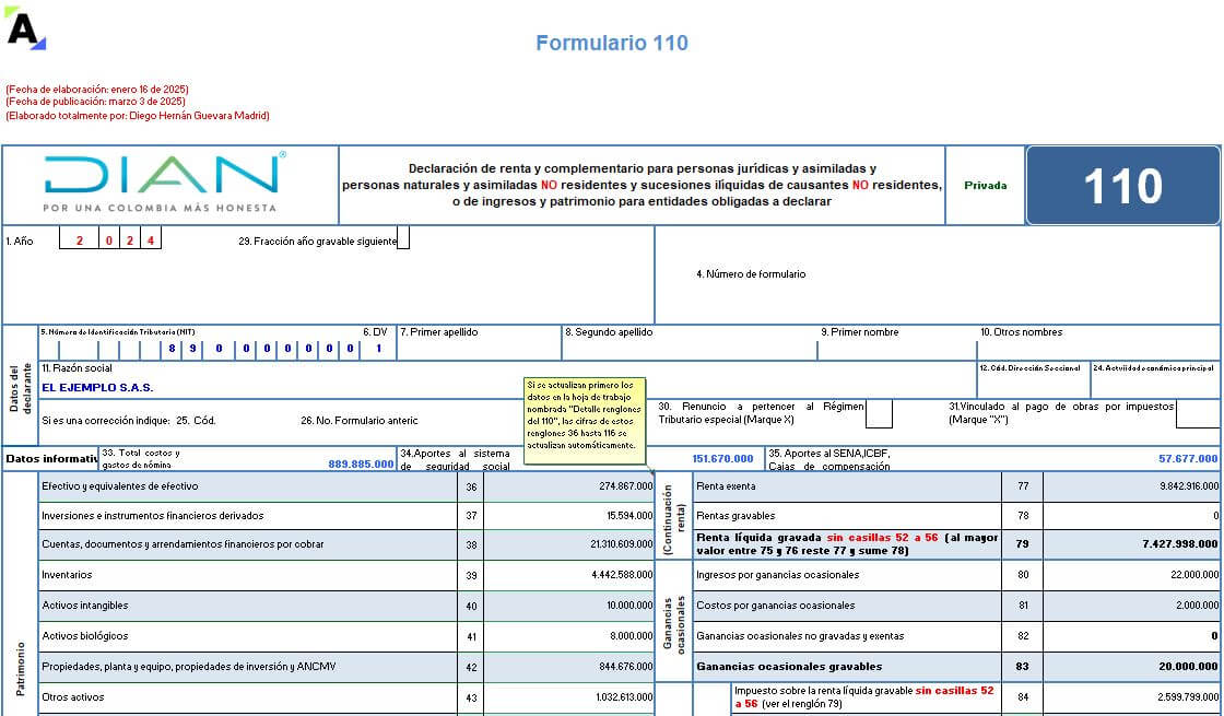 Liquidador en Excel del formulario 110 y el formato 2516: declaración de renta de personas jurídicas AG 2024